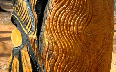 Tiki totem, side detail, reclaimed Virginia Pine