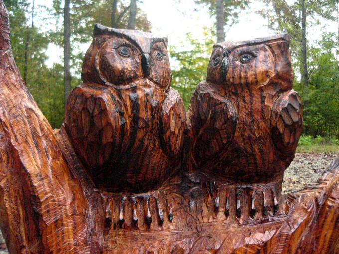 Two Owls Carved for a Wedding