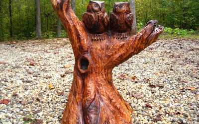 Chainsaw Pair of Owls Perched in a Tree